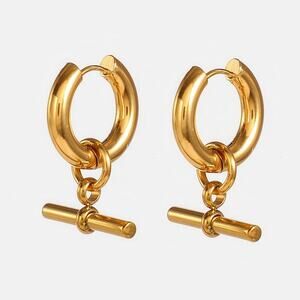 Trendy Chic T‎ Bar Hoop Earrings 18K Gold Plated Stainless Steel